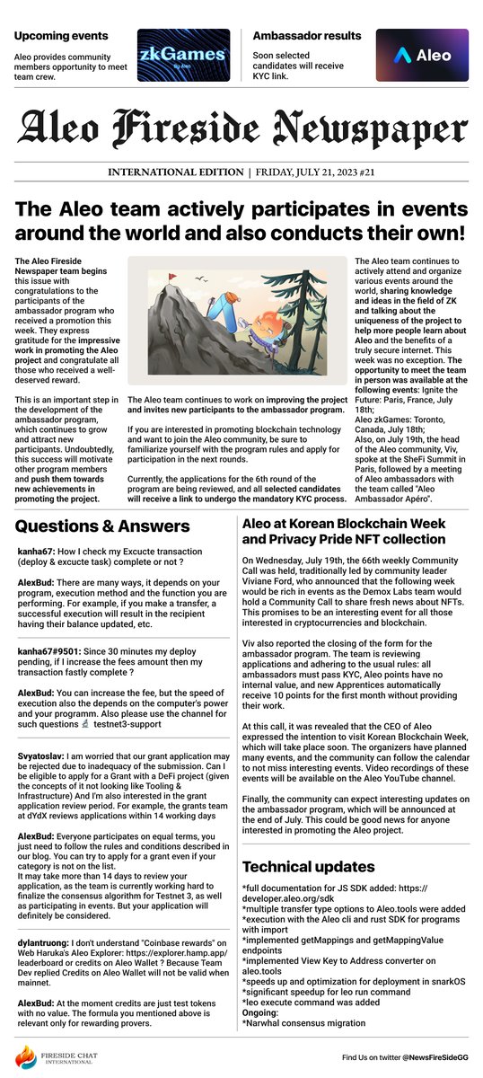 NewsFireSideGG's tweet photo. 21 issue of the newspaper @AleoHQ Fireside: ZK Promotion, Korean Blockchain Week, Q&amp;A and much more.  🗞️

https://t.co/0JDaB3qpVj🖊️
#AleoFireSideInternational🌎
#Aleo💙 https://t.co/XT0OVKfgot