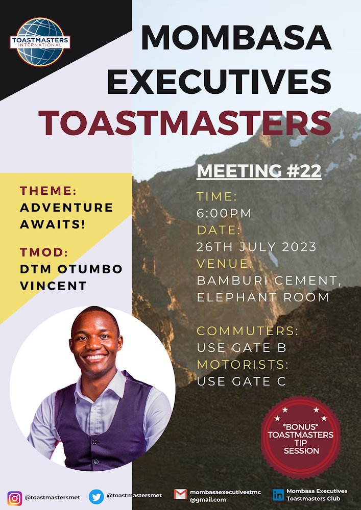 “#Adventure is not outside a person; it is within.” ~ George Eliot
Join us on Wednesday 26th July 2023, 6pm as we dive into yet another captivating meeting 🤗

See you soon ✅
#toastmasters #toastmastersmet #communication #leadership #publicspeaking