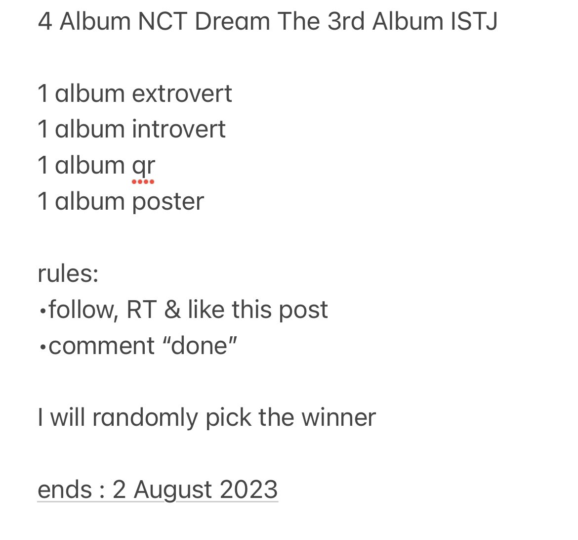 taeoxorun's tweet photo. GIVEAWAY MARK LEE’s BIRTHDAY🐯🥳

✨ 4 Album NCT Dream The 3rd Album ISTJ for 4 winners ✨

rules:
•follow, RT &amp; like this post
•comment “done”

Ends:2 Aug 2023

Shipping cost will be borne by winner

GA acc&amp;new acc are not allowed to join!

#NCTDREAM_ISTJ https://t.co/V9dl0rH7Gk