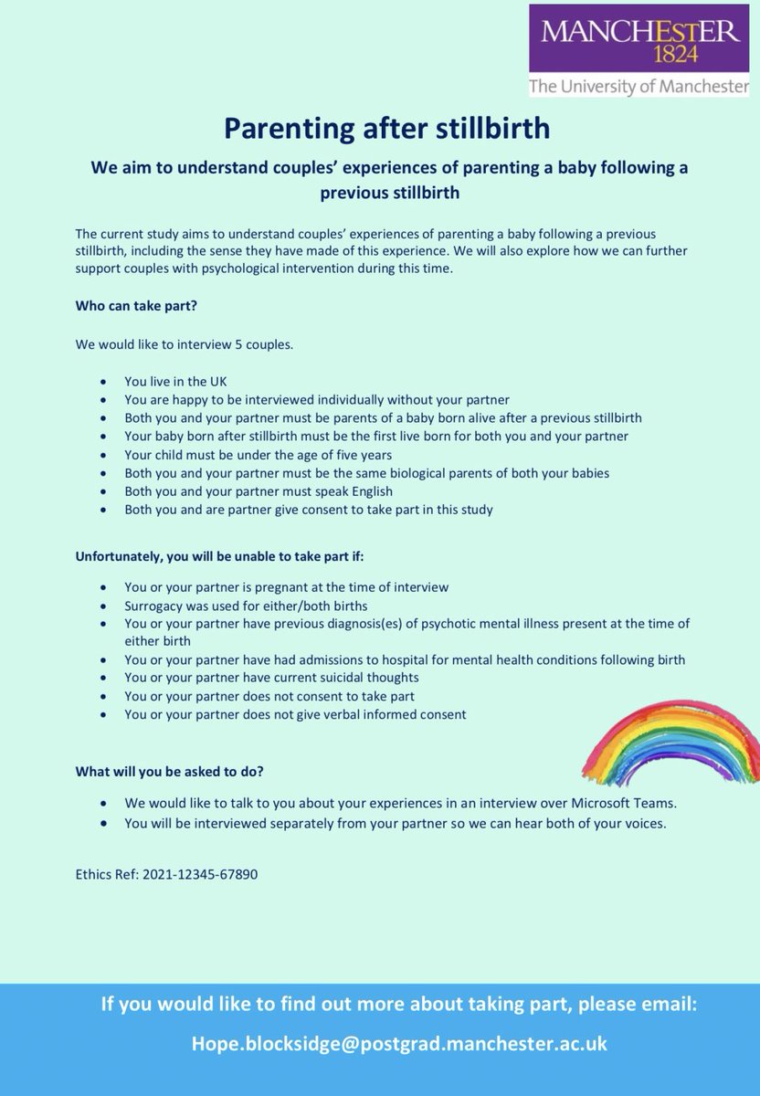 Dr Hope Blocksidge (@dr_h_blocksidge) on Twitter photo 📣Call for participants 📣 Are you and your partner parenting a baby after stillbirth? We would like to hear your story. If you would like to know more or get in touch with us about taking part, please email hope.blocksidge@postgrad.manchester.ac.uk. <a href="/MCR_SB_Research/">Alexander Heazell</a> 📣Call for participants 📣 Are you and your partner parenting a baby after stillbirth? We would like to hear your story. If you would like to know more or get in touch with us about taking part, please email hope.blocksidge@postgrad.manchester.ac.uk. <a href="/MCR_SB_Research/">Alexander Heazell</a>