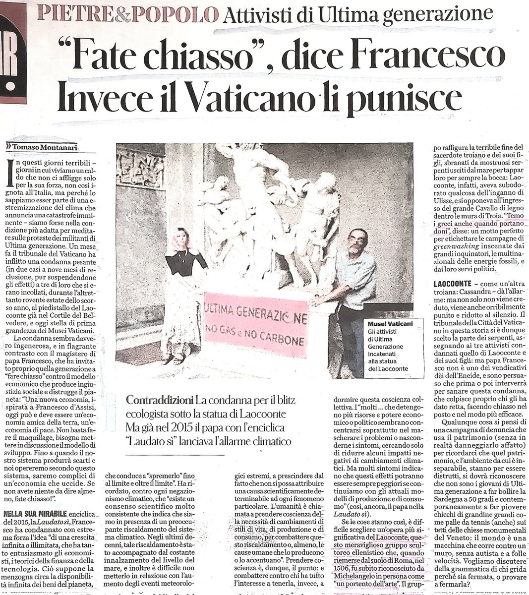 Sidi_Bou's tweet photo. "Il mondo è una macchina che corre contro un muro, senza autista e a folle velocità. Vogliamo discutere della grammatica di chi grida perché sia fermata, o provare a fermarla?"
🗞#Montanari, #IlFattoQuotidiano
@UltimaGenerazi1 #Vaticano #Papa #Laoconte #greenwashing #ambiente https://t.co/EslZKD98qX