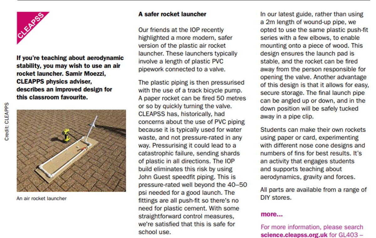 Newmanphysics's tweet photo. @IOPTeaching @trevor_cox @SalfordAcoustic Regular contributors to #ClassroomPhysics include @CLEAPSS. The latest edition is where I came across CLEAPSS's new design rocket launcher. A good H&S improvement by @samirmoezzi
#chatphysics #iteachphysics #teachphysics https://t.co/v3NGsGmgUd