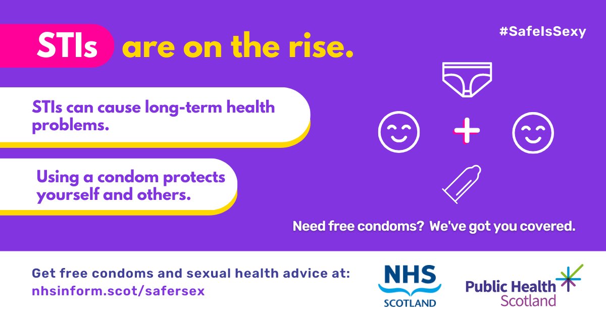 Sexually transmitted infections (STIs) are increasing in Scotland. Cases of #gonorrhoea have more than doubled since 2017. The best way to reduce your risk of STIs is to use a condom when having vaginal, anal or oral sex. Find out more at nhsinform.scot/safersex #SafeIsSexy