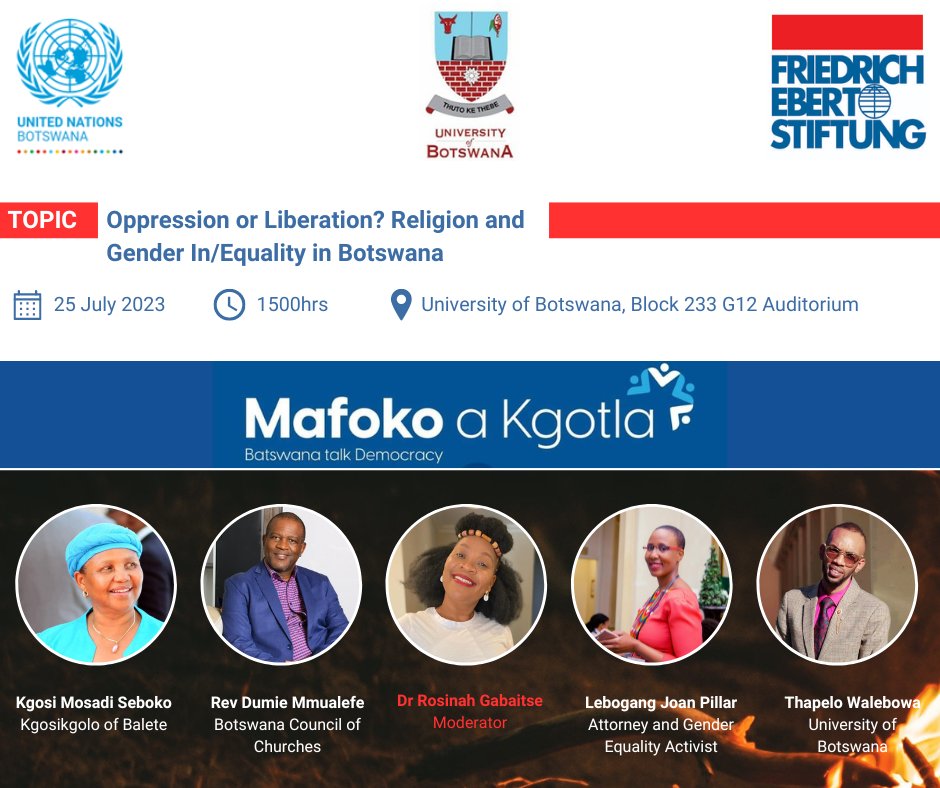 Does religion promote or hinder gender equality in Botswana and how religious communities can contribute to gender justice? Join us tomorrow for a panel discussion on Religion and Gender In/Equality at @UBBotswana to debate on this issue.