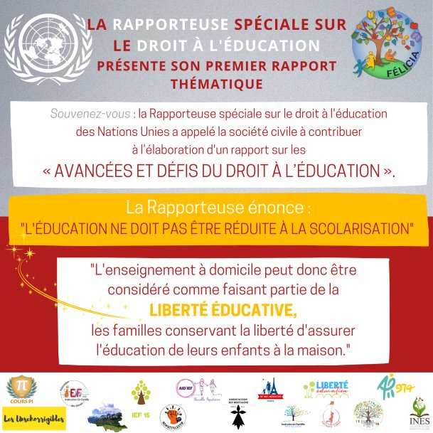 📚🌍 Le rapport de la Rapporteuse spéciale de l'ONU sur le droit à l'#education  rappelle l'importance de la diversité éducative. L’#IEF est un droit fondamental qui permet cette diversité. <a href="/education_gouv/">Ministère Éducation nationale</a> <a href="/GabrielAttal/">Gabriel Attal</a>, nous demandons le retour à la simple déclaration.