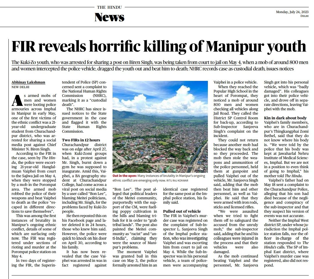Advaidism's tweet image. A 21 year old Kuki-Zo youth, who was arrested for sharing a post on CM Biren Singh, was being taken from court to jail on May 4th.

A mob of around 800 men and women intercepted the police vehicle, dragged him out and beat him to death.

The horrors of Manipur.