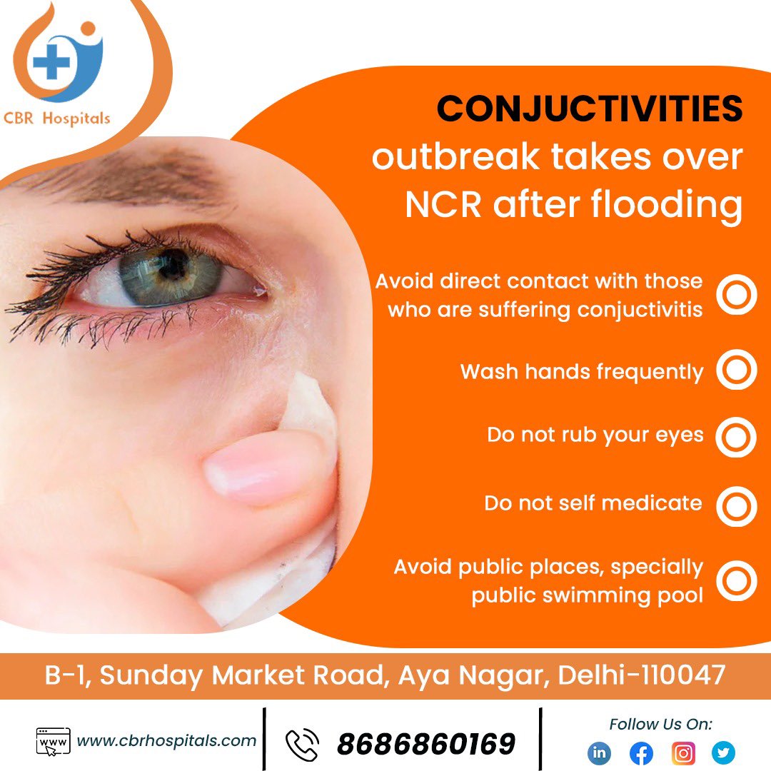 Common symptoms of conjunctivitis are itching, watery discharge with mild redness.

• Consult with your doctor in case you have symptoms for proper medication.

cbrhospitals.com
📞 8686860169

#conjunctivitis #eyeinfection #eyeflu #infection #flood #eyecare  #cbrhospitals