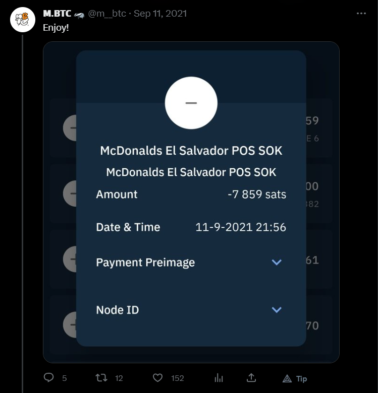m__btc's tweet photo. And here I was buying @AaronvanW a Big Mac from across the globe, instantly settled for a 6 sat transaction fee ($0,0027 at the time). https://t.co/AZFxxtXk1Z