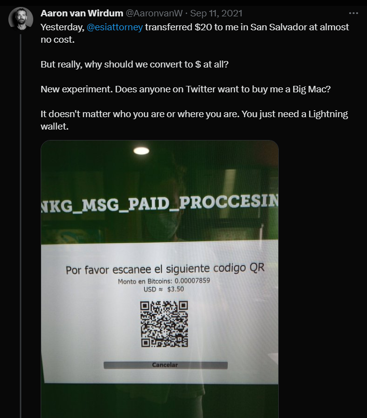 m__btc's tweet photo. And here I was buying @AaronvanW a Big Mac from across the globe, instantly settled for a 6 sat transaction fee ($0,0027 at the time). https://t.co/AZFxxtXk1Z