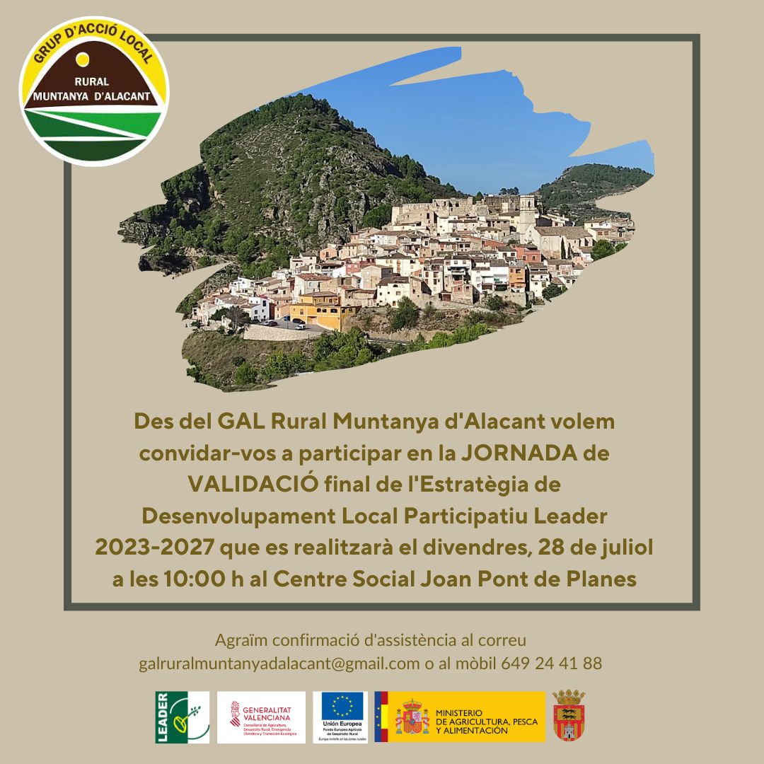 Dr Laura Ripoll González (@lauraripollgonz) on Twitter photo 'Muntanya d'Alacant: identitat territorial' + EDLP
👩💼Presentem els resultats de l'estudi recerca-acció💪 <a href="/Brandsus1/">BRANDSUS, place branding, sustainability, regions</a> el divendres 28 Juliol 10am a #Planes Apunta't! ➡️galruralmuntanyadalacant@gmail.com
<a href="/EU_Commission/">European Commission</a> <a href="/EUinmyRegion/">EUinmyRegion🇪🇺</a> <a href="/europeanregions/">AER</a> <a href="/ESSB_Erasmus/">ESSB_Erasmus</a> <a href="/ActionResearchJ/">ActionResearchPlus</a> 'Muntanya d'Alacant: identitat territorial' + EDLP
👩💼Presentem els resultats de l'estudi recerca-acció💪 <a href="/Brandsus1/">BRANDSUS, place branding, sustainability, regions</a> el divendres 28 Juliol 10am a #Planes Apunta't! ➡️galruralmuntanyadalacant@gmail.com
<a href="/EU_Commission/">European Commission</a> <a href="/EUinmyRegion/">EUinmyRegion🇪🇺</a> <a href="/europeanregions/">AER</a> <a href="/ESSB_Erasmus/">ESSB_Erasmus</a> <a href="/ActionResearchJ/">ActionResearchPlus</a>