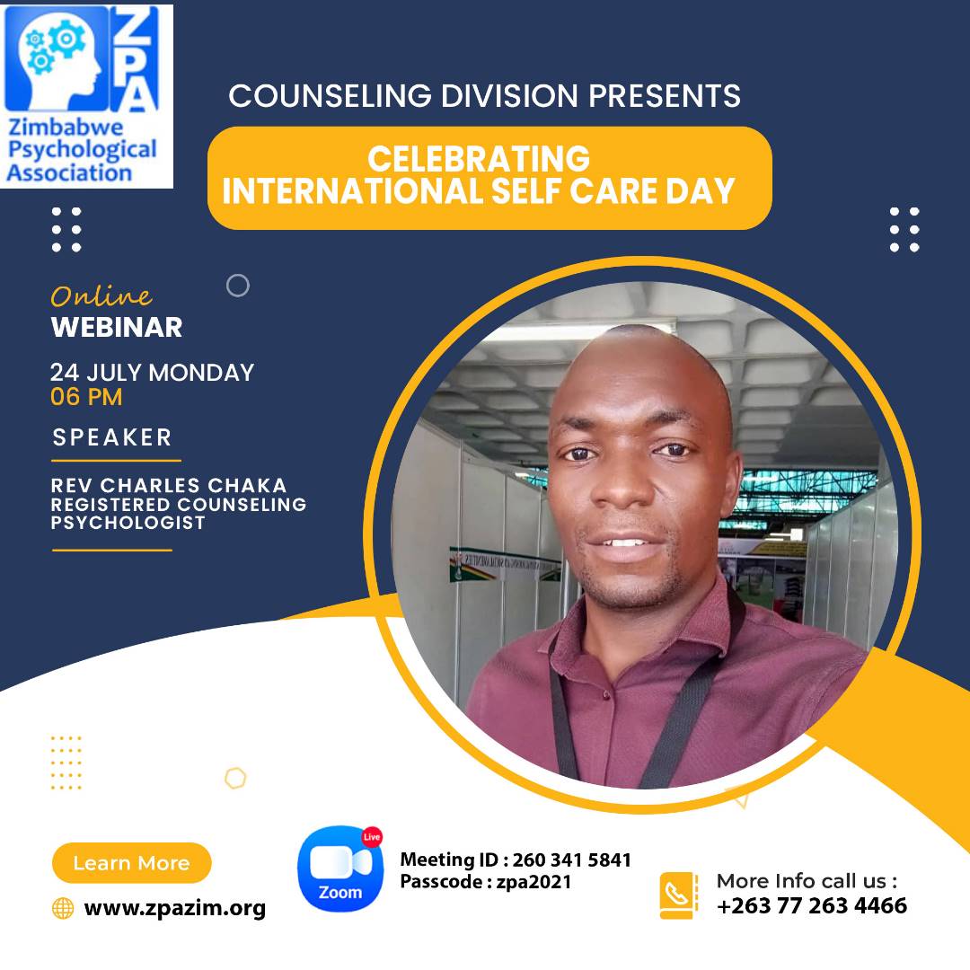 Self-care is an ethical imperative for all mental health practitioners. Join us as we celebrate the international self-care day.
<a href="/allied_council/">Allied Health Practitioners Council of Zimbabwe</a> ,<a href="/ndinewezimbabwe/">Ndinewe Foundation</a> ,<a href="/APA/">American Psychological Association</a> ,<a href="/WHO_Zimbabwe/">WHO Zimbabwe</a> ,@YoPetalt ,<a href="/KudzanaiW/">Noreen Kudzanai</a> ,<a href="/ZirimaHerbert/">Herbert Zirima</a> ,<a href="/tana_chikaura/">Tanatswa Amanda Chikaura | Mental Health Advocate</a> ,<a href="/memorynguwi/">Memory Nguwi</a>