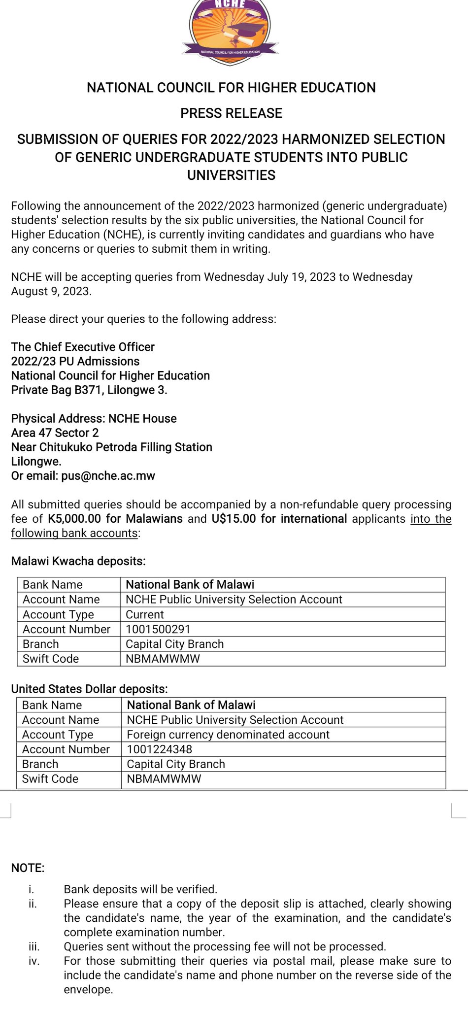 NCHE MALAWI on Twitter "Press Release on receipt of queries for the
