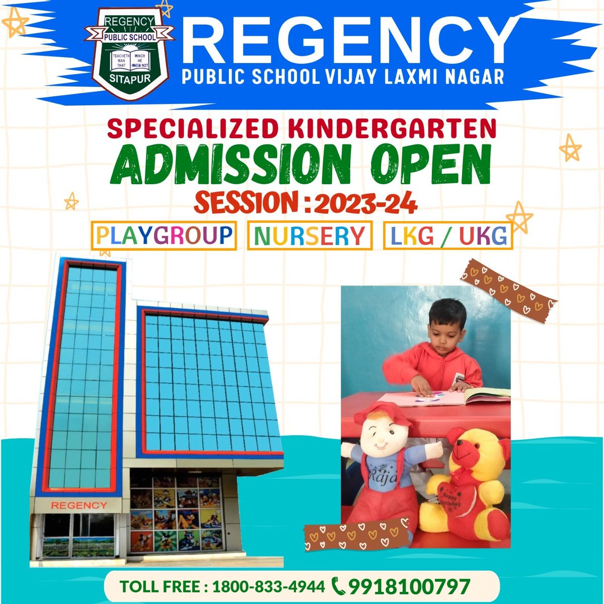 RegencyLaxmi's tweet photo. ADMISSION OPEN
SCHOOL YEAR :- 2023-24π
Regency Public School Vijay Laxmi Nagar
Toll Free :-1800-833-4944
Contact :- 9918100797
.
#sitapur #registration #playgroup #education #playgroupschool #kidsschool #nurseryschool #specializedkindergarten #bestschool #regency #kids #student https://t.co/6AQ4zytVMK
