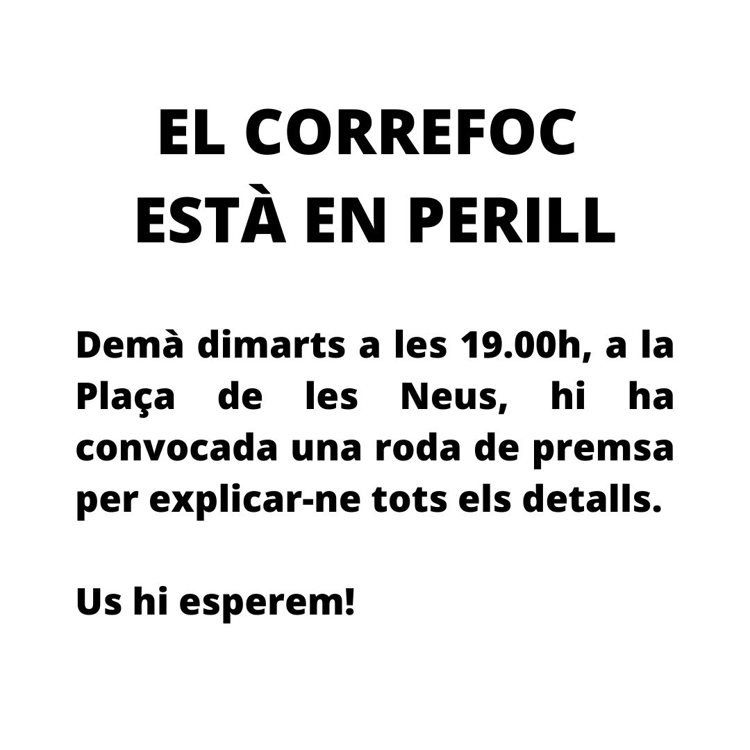 EL CORREFOC ESTÀ EN PERILL. Demà dimarts a les 19.00 h, a la plaça de les Neus, hi ha convocada una roda de premsa per explicar-ne tots els detalls. Us hi esperem!
<a href="/DracdeVNG/">Drac de Vilanova i la Geltrú</a>
<a href="/DracdelaGeltru/">Drac de la Geltrú</a>
<a href="/laCarpaiporro/">Carpa Juanita i el Porró</a>
<a href="/TronatsdeMar/">Tronats de Mar</a>
<a href="/DiablessesG/">Diablesses Geltrú</a>
<a href="/Balldenveja/">Ball d'Enveja</a>
<a href="/DiablesCollada/">Diables la Collada</a> 
<a href="/CBDTradicionals/">CBDTC</a>