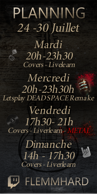 🔥Voilà le programme de la semaine, en plus des lives habituels, suite de l'aventure 💀Dead Space💀 mercredi et un live covers 👹spécial Metal👹 Vendredi !🔥