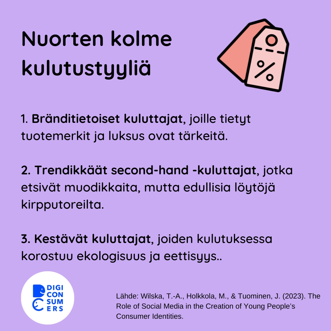 Tutkimus kertoo, että nuoret omaksuivat kaikki kolme kulutustyyliään somesta sosiaalisesta mediasta.⁠Tyylejä ja omaa kuluttajaidentiteettiä esitellään ja jaetaan somessa.⁠

digiconsumers.fi/tutkimukset/so…

#nuoret #kulutustyylit #brändit #ekologisuus #kirpparit #tutkimus
⁠