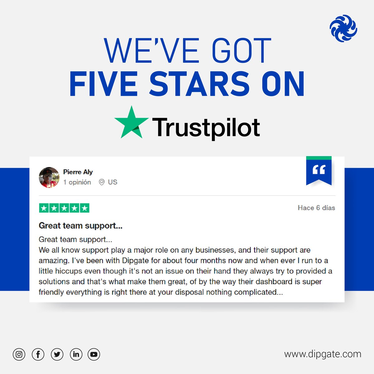 dipgate's tweet photo. Your trust and support have earned us a fantastic #FiveStarRating on #Trustpilot!🎉A huge #THANKYOU to each one of you for sharing your amazing experiences with #DipgateVPS! 🙌
#VPS #Dipgate #CustomerSatisfaction #VirtualPrivateServer #ForexVPS #TradingVPS #Trading #Forex https://t.co/yksWkqXCnr