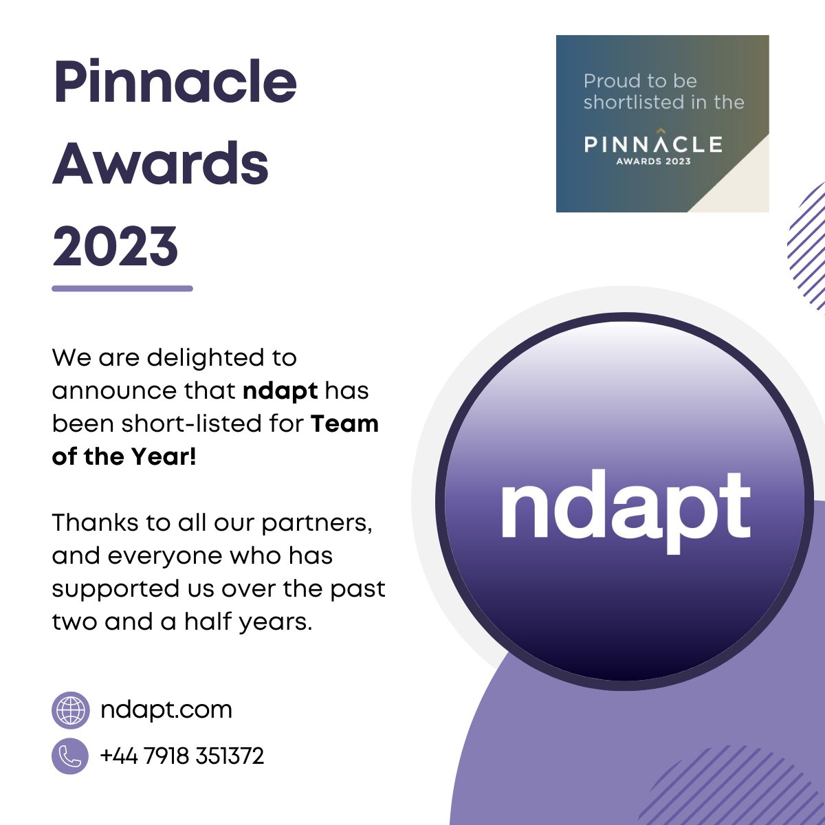 ndapt (@ndapt1) on Twitter photo We are delighted to announce that ndapt has been short-listed for Team of the Year for the <a href="/PMIPensions/">The Pensions Management Institute</a> Pinnacle Awards!
Thanks to all our partners, and everyone who has supported us over the past two and a half years, and to the PMI.
#ndapt #PinnacleAwards2023 We are delighted to announce that ndapt has been short-listed for Team of the Year for the <a href="/PMIPensions/">The Pensions Management Institute</a> Pinnacle Awards!
Thanks to all our partners, and everyone who has supported us over the past two and a half years, and to the PMI.
#ndapt #PinnacleAwards2023