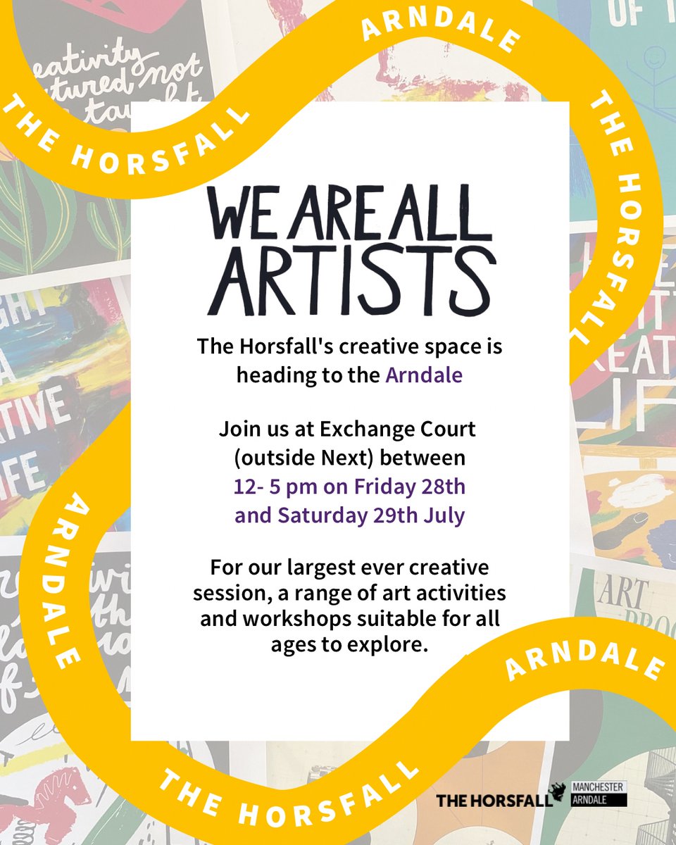 Have plans for next weekend? We will be holding our biggest-ever #creative drop-in session "We Are All Artists" @ManArndale at the end of this🎨🖌⁠
⁠
🗓Friday 28th &amp; Saturday 29th July⁠
⏰12pm – 5pm⁠
📍Exchange Court (outside Next)⁠
⁠
manchesterarndale.com/blog/we-are-al…

#Create