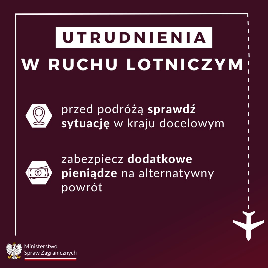 🛫 Opóźnienia na lotniskach czy problem z transportem?

🌎 Planując wyjazd, pamiętaj o występujących utrudnieniach w podróżach lotniczych!

🎫 Przed podróżą sprawdź sytuację w kraju docelowym i zabezpiecz środki w gotówce na alternatywny powrót.

#BezpieczneWakacje