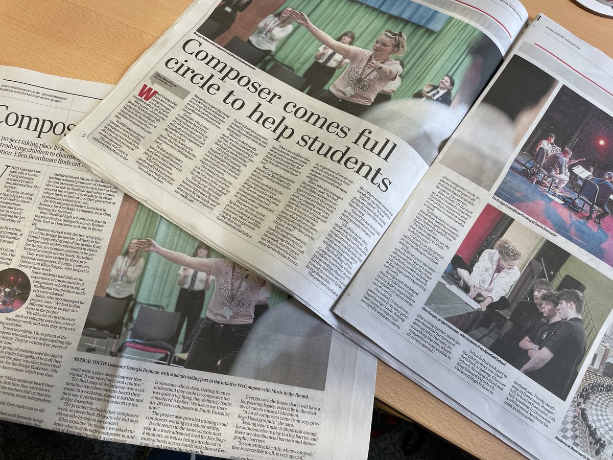 Super interviews with composers @ellensargen and Georgia Denham @georgialbatross in @shftelegraph, @SheffieldStar and @yorkshirepost last week. They were speaking about their involvement in our WeCompose project at schools in S Yorks. Read more here: musicintheround.co.uk/wecompose-pilo…