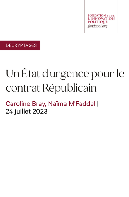 Fondapol's tweet image. 🔎Décryptage @Fondapol de @naimamfaddel et Caroline Bray: &quot;Un état d’urgence pour le contrat Républicain&quot;.
🗨️ &quot;La question qu’ont fait émerger les jeunes émeutiers est celle de leur rapport à la société et à la République&quot;
👉urlz.fr/mPUZ