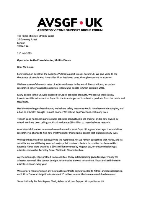 We support the @AsbestosForum campaign against Cape/#Altrad.  Donate £10 million to mesothelioma research to help find a cure  #CapeMustPay