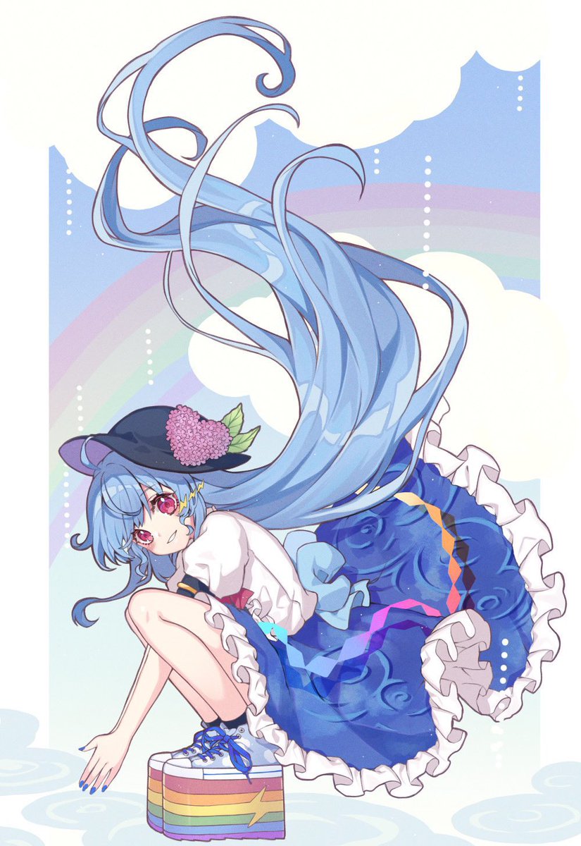 hinanawi tenshi 1girl solo long hair rainbow blue hair skirt blue nails  illustration images