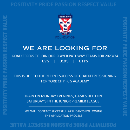 Due to the recent success of goalkeepers signing for York City FC's Academy, we are now on the lookout for new shot-stoppers to join our player pathway. 

Apply now 
docs.google.com/forms/d/e/1FAI…

It's one week until the closing date on Monday 31st July 2023.  

#TeamYork