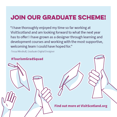 VisitScotNews's tweet photo. Join our #TourismGradSquad  We are hiring six new graduate roles across VisitScotland, from HR and Insights to Corporate Communications and Finance. 
To learn more and to apply, visit our website at https://t.co/MpWyRoX2lJ #Jobs #Recruitment #GraduateJobs https://t.co/iHxcjZEST5