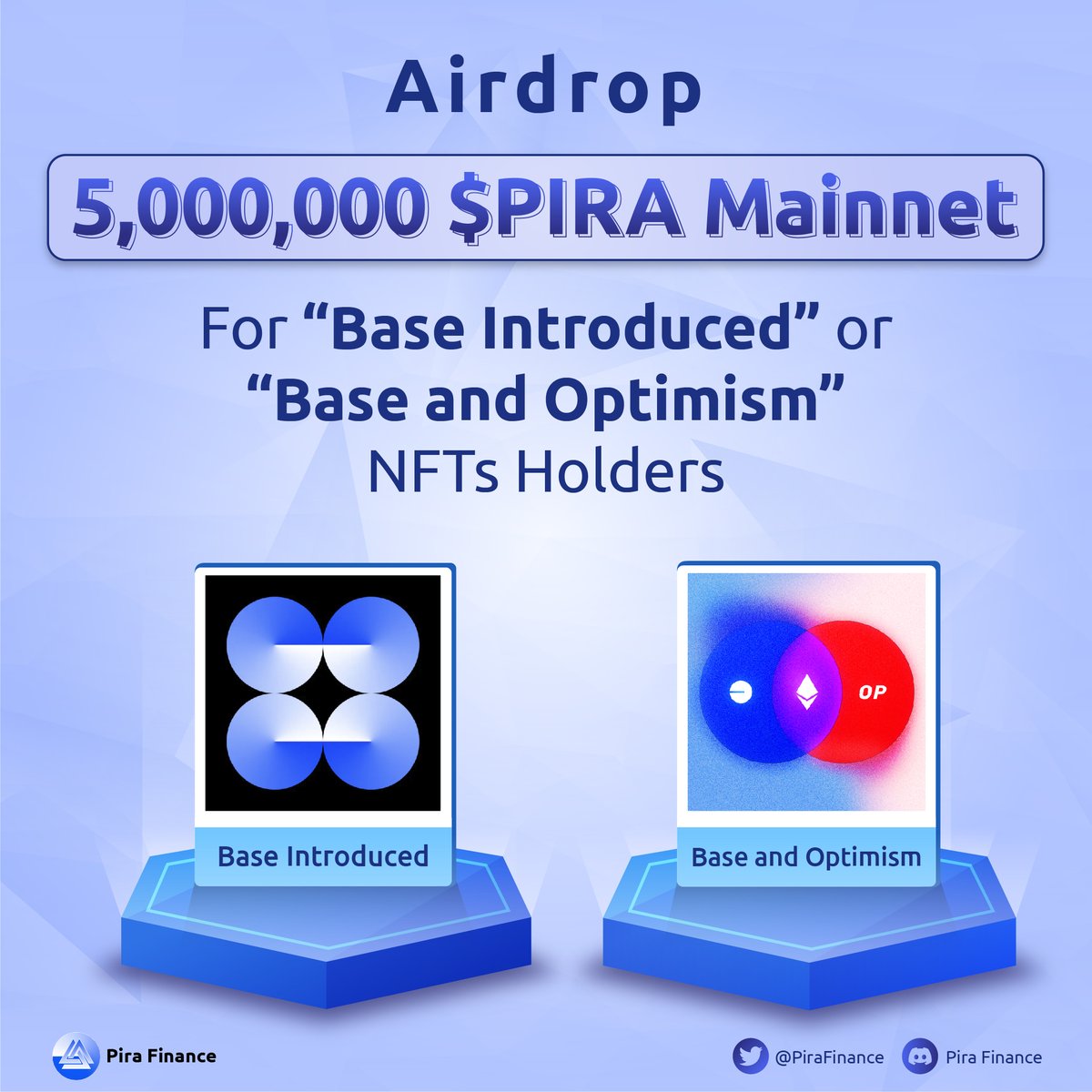 Pira Finance 🛡️ | Live on BASE (@pirafinance) on Twitter photo #Airdrop 5,000,000 $PIRA Mainnet for “Base Introduced” or “Base and Optimism” NFTs Holders
👉 To do:
1/ Follow <a href="/PiraFinance/">Pira Finance 🛡️ | Live on BASE</a>, Like, RT
2/ Join Discord: discord.gg/PrVTnBEnaa
3/ Submit wallet: forms.gle/2aX2yv58fQuX9r…
📸 Snapshot at 00:00 UTC 27th July
#PiraFinance #BuildOnBase #Airdrop 5,000,000 $PIRA Mainnet for “Base Introduced” or “Base and Optimism” NFTs Holders
👉 To do:
1/ Follow <a href="/PiraFinance/">Pira Finance 🛡️ | Live on BASE</a>, Like, RT
2/ Join Discord: discord.gg/PrVTnBEnaa
3/ Submit wallet: forms.gle/2aX2yv58fQuX9r…
📸 Snapshot at 00:00 UTC 27th July
#PiraFinance #BuildOnBase