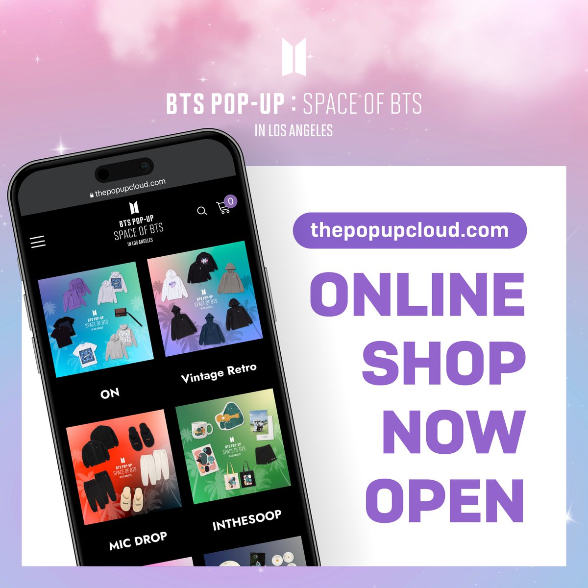 thepopupcloud's tweet photo. BTS POP-UP : SPACE OF BTS in LOS ANGELES

📣 The online shop for the LA BTS POP-UP is now open on https://t.co/fYwPYFfzl2.
Visit our official website to shop today!

🔗 https://t.co/fYwPYFfzl2
#BTS #SPACE_OF_BTS #LA https://t.co/eI9t0SGnGO