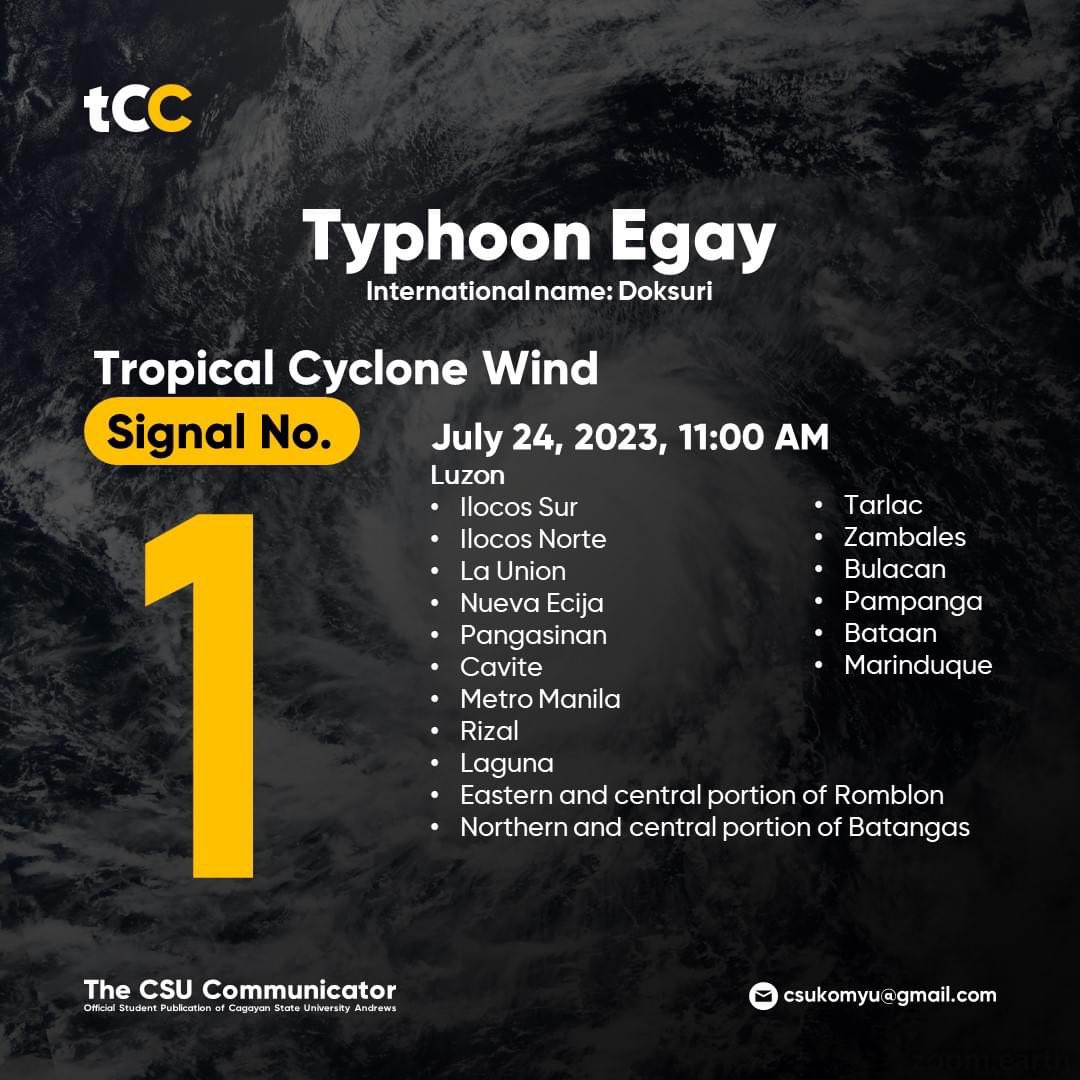 csukomyu's tweet photo. The eastern and central portions of Cagayan are placed under Signal No. 2 on Monday morning, July 24, due to Typhoon #EgayPH.
“Typhoon Egay further intensifies while moving westward over the Philippine Sea,” according to PAGASA.
-
#YourReliableSource https://t.co/OmU16JYzdT