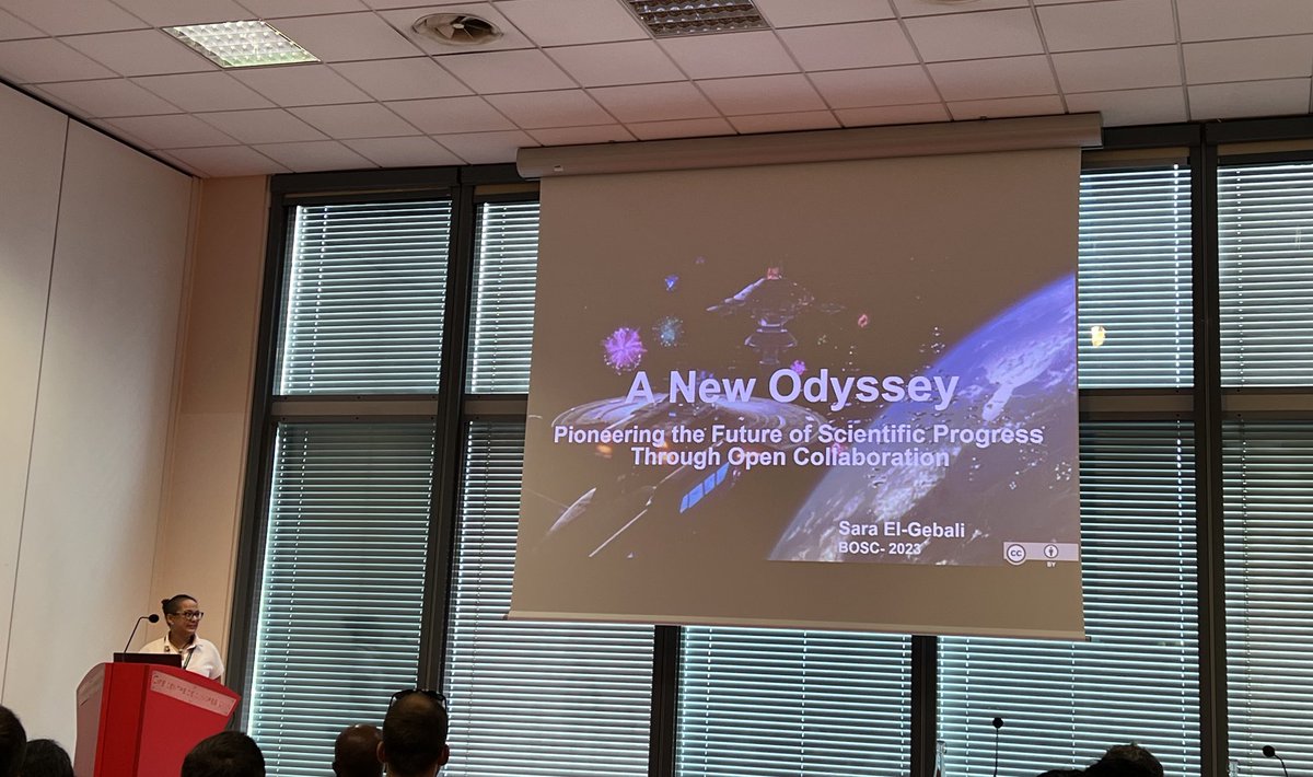 deepakunni3's tweet image. The first keynote for #BOSC2023 by Dr. Sara El-Gebali (@yalahowy) titled “A New Odyssey: Pioneering the future of scientific progress through open collaboration”