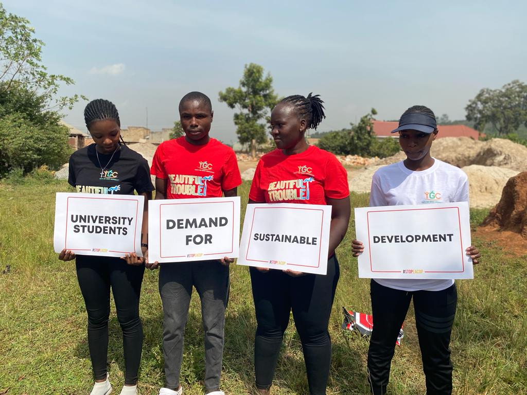 YGCUganda's tweet image. A group of University students joined the rest of planet and nature lovers to express their concerns against the contested #EACOP project asking Banks, Marsh, oil companies to stop the project because of its associated environmental impact and community rights' abuses.