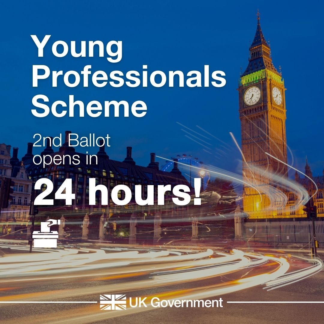 The 2nd ballot of the Young Professionals Scheme opens in less than 24 hours! 

The ballot will randomly select ballot entrants. If successful, you will receive an invitation to submit your visa application. 

For more information, check 🔗gov.uk/guidance/india…

#IndiaYPS