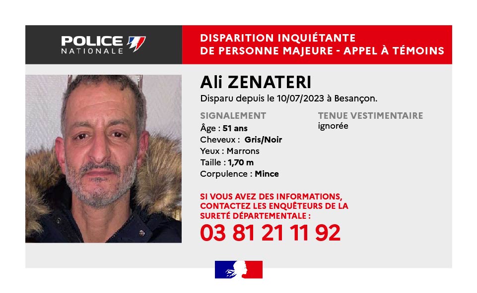 PoliceNat25's tweet photo. [#AppelATémoins]
🚨 Ali ZENATERI est porté disparu depuis le 10/07.
Il pourrait se trouver sur Besançon ou Pontarlier.
Si vous disposez d'informations, merci de contacter le 03 81 21 11 92 https://t.co/bpZLKvKn4c
