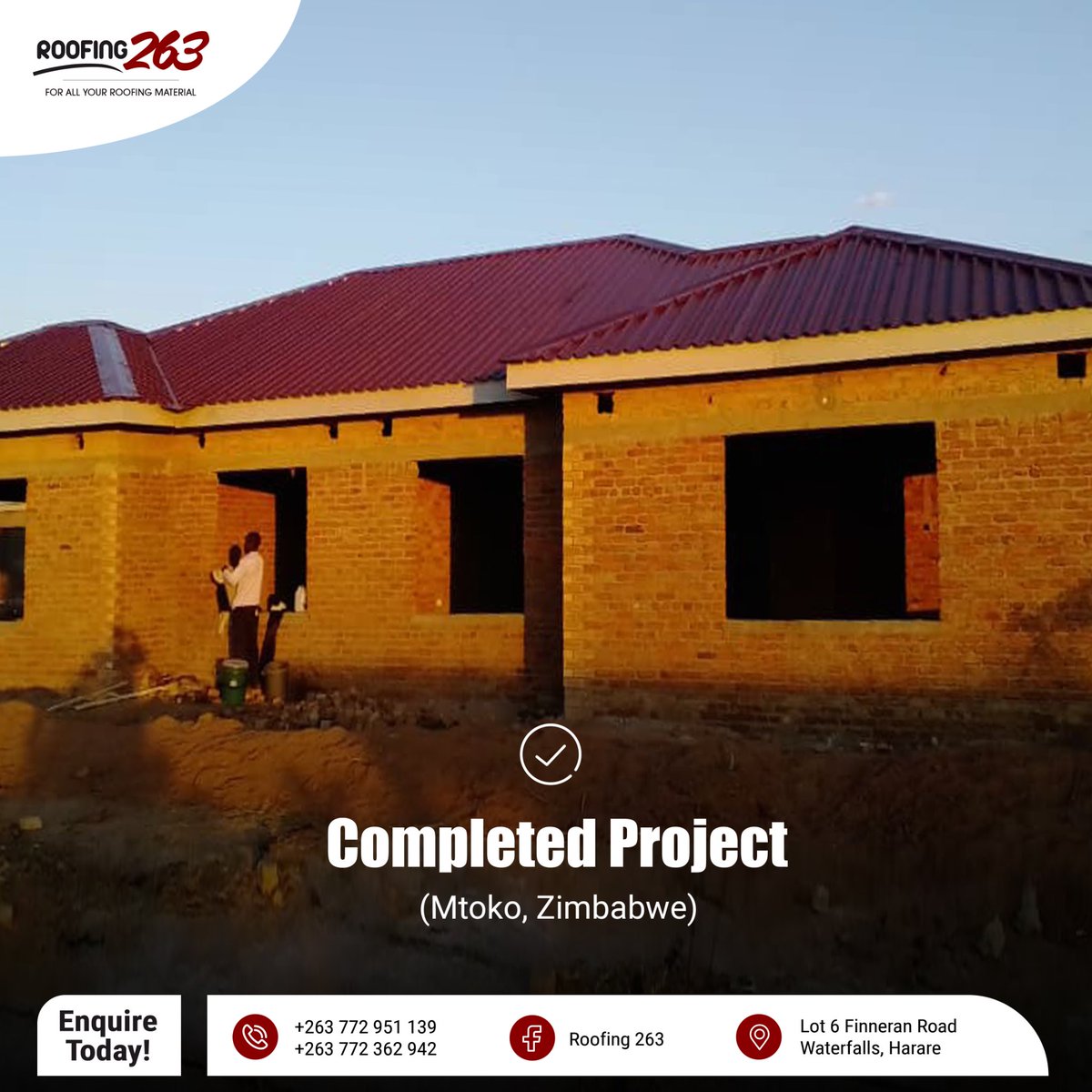 roofing263's tweet photo. Completed project in Mutoko. Helping you finish off what you started 👷‍♀️ 🏗  

IBR sheets and Qtiles now in stock. We also accept lay-by on your terms.

Order yours today; call or whatsapp: +263 77 295 1139

#roofingleaders #roofing #qtiles #ibrsheets #ridges #gutters #nails https://t.co/zHtNCYEneZ