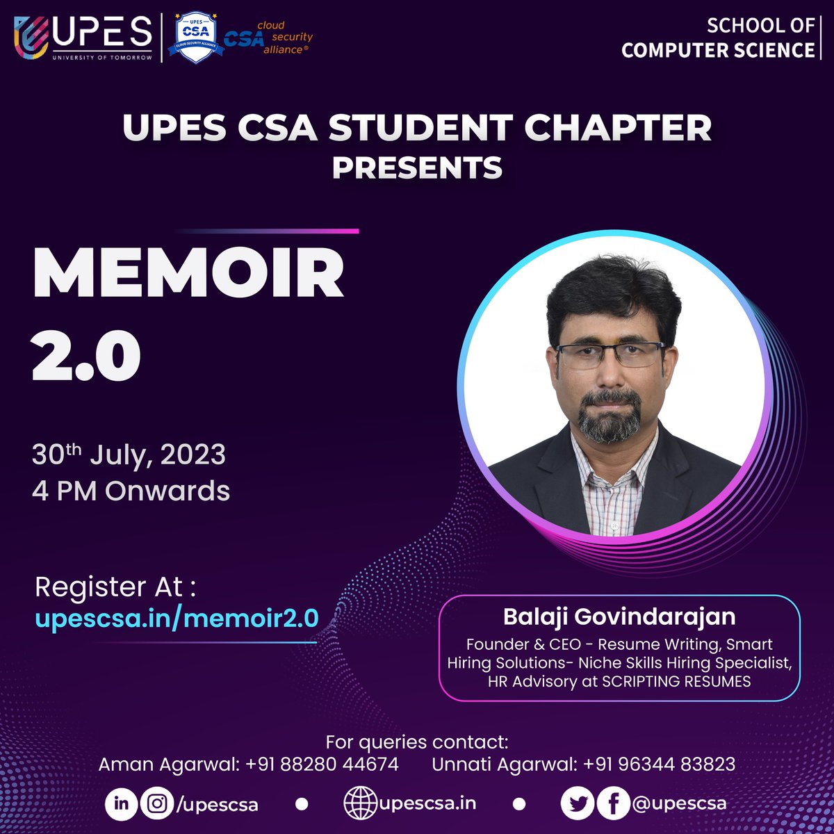 upescsa's tweet photo. 🚀 Ready to make your mark in the professional world? Join us for Memoir 2.0, UPES-CSA's exceptional event on 30st July 2023! 🎯 Sharpen your soft skills, craft compelling resumes, and conquer interviews with confidence. 

Link : https://t.co/oomluTErKP https://t.co/ejDErPfB9o