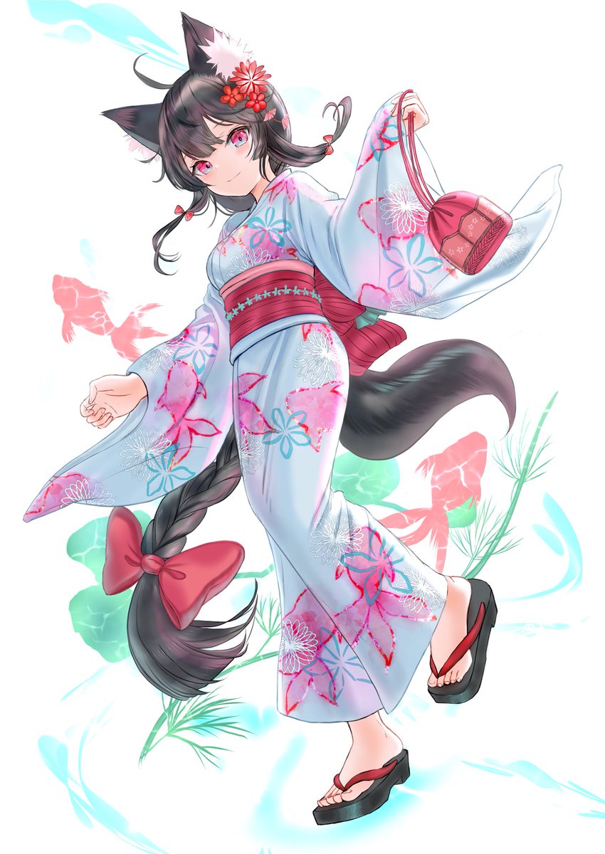 1girl kimono animal ears japanese clothes solo hair flower sash  illustration images