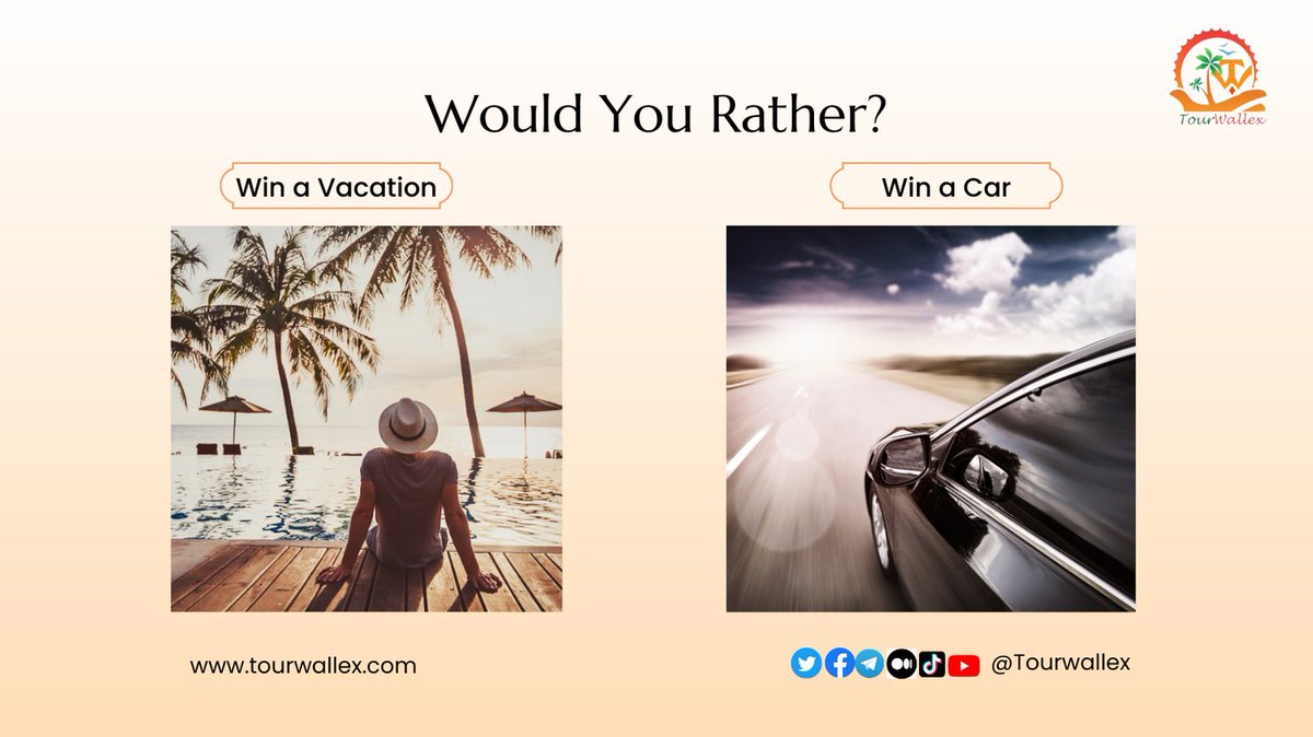 Happy Monday Travel bugs!
It's time for another edition of what would you rather do!🥳
Comment your answers below!😉🤝
#tourwallex #tourism #travel $Twx  #Crypto #TravelSmart #nfts