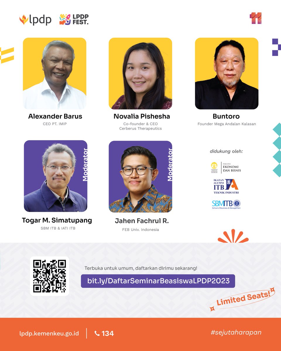 Seminar Beasiswa:
“Indonesia Maju 2045: Sumber Daya Manusia, Industrialisasi, &amp; Kewirausahaan”
  
🗓️
Kamis, 27 Juli 2023
Pk 08.00-17.00 WIB
 
📍Lokasi:
Aryaduta, Menteng 
Pendaftaran dibuka Gratis untuk umum hingga 26 Juli 2023 pkl 12.00 WIB:
   
bit.ly/DaftarSeminarB…