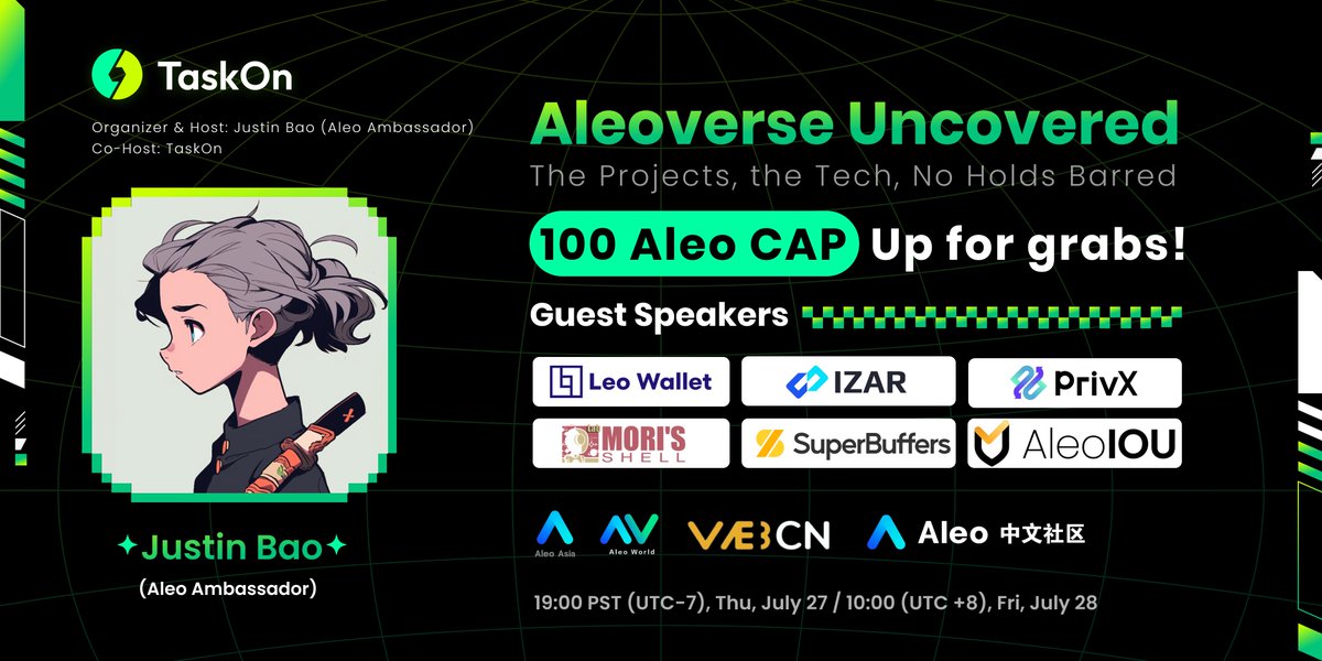 TaskOn | Ultimate Web3 Community Growth Platform (@taskonxyz) on Twitter photo #TaskOn will co-host a #TwitterSpace with <a href="/AleoHQ/">Aleo</a> ambassador <a href="/JustinBao_/">Justin ₿ao</a> 🎉
w\ guests <a href="/theLeoWallet/">Leo Wallet</a> <a href="/IZAR_Protocol/">IZAR | Genesis Testnet</a> <a href="/PrivExchange/">PrivX</a> <a href="/MorisShell/">Mori's Shell - A Web3 AI Training Lab 🎮</a> <a href="/superbuffers/">SuperBuffers</a> <a href="/AleoIOU/">AleoIOU</a>
⏰ July 28th, 2 AM (UTC)
x.com/i/spaces/1yNxa…
🎁 100 Aleo CAPs! 👇
taskon.xyz/campaign/detai… #TaskOn will co-host a #TwitterSpace with <a href="/AleoHQ/">Aleo</a> ambassador <a href="/JustinBao_/">Justin ₿ao</a> 🎉
w\ guests <a href="/theLeoWallet/">Leo Wallet</a> <a href="/IZAR_Protocol/">IZAR | Genesis Testnet</a> <a href="/PrivExchange/">PrivX</a> <a href="/MorisShell/">Mori's Shell - A Web3 AI Training Lab 🎮</a> <a href="/superbuffers/">SuperBuffers</a> <a href="/AleoIOU/">AleoIOU</a>
⏰ July 28th, 2 AM (UTC)
x.com/i/spaces/1yNxa…
🎁 100 Aleo CAPs! 👇
taskon.xyz/campaign/detai…