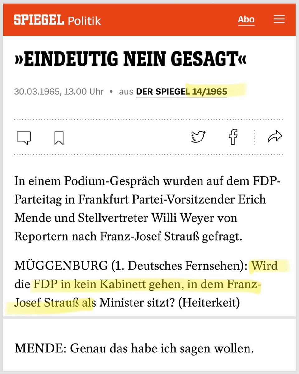 #Brandmauer 1962, gegen die #CSU: 

"Die FDP verweigert eine Regierungsbeteiligung, solange ihr Franz-Josef Strauß angehört." 🥴😄 #FJS

spiegel.de/politik/eindeu…
