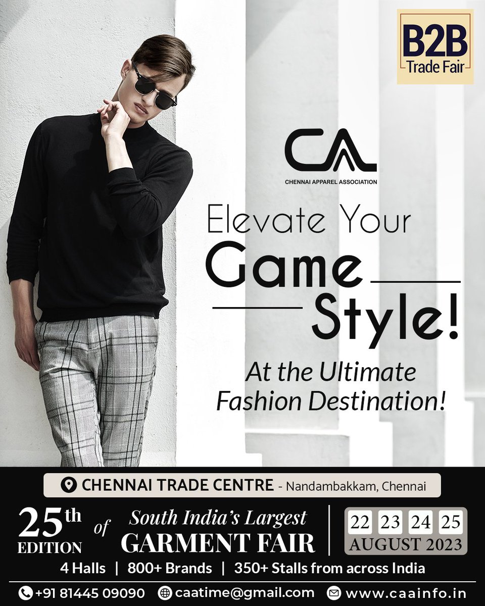 🎉 Get ready to experience fashion like never before at CAA's 25th edition of South India's Largest Garment Fair! 🎉

- See you there! ✨🛍️

 #SouthIndiaGarmentFair #FashionUnleashed #ChennaiFashionista #CAA25thEdition #chennaiapparelassociation #southindialargestgarmentfair