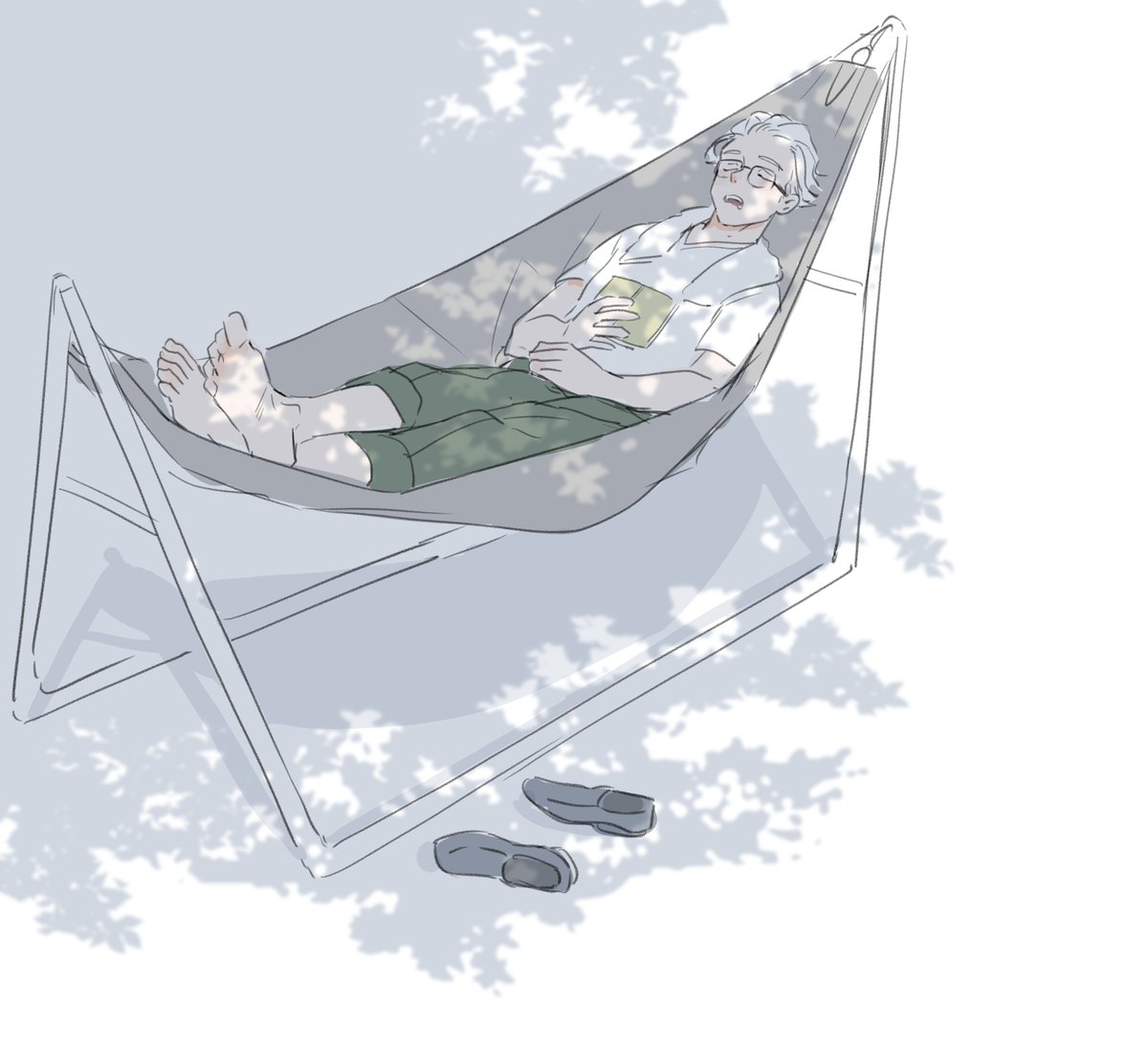 1boy male focus solo hammock glasses pants towel  illustration images