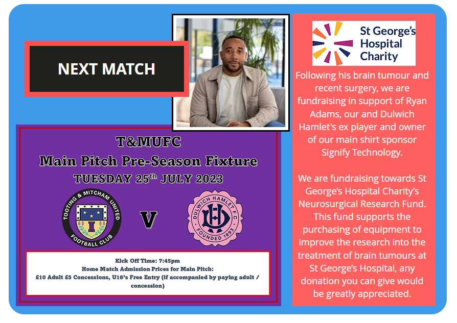 Signify Technology (@signify_tech) on Twitter photo We're heading to the <a href="/OfficialTmufc/">Tooting & Mitcham United FC</a> game tomorrow ⚽️
They are fundraising at the game towards St George’s Hospital Charity’s Neurosurgical Research Fund. In support of our CEO <a href="/Ryan_Signify/">Ryan Adams</a> who played for both <a href="/OfficialTmufc/">Tooting & Mitcham United FC</a> and <a href="/DulwichHamletFC/">Dulwich Hamlet FC</a>.
We hope to see you there 👋🏼 We're heading to the <a href="/OfficialTmufc/">Tooting & Mitcham United FC</a> game tomorrow ⚽️
They are fundraising at the game towards St George’s Hospital Charity’s Neurosurgical Research Fund. In support of our CEO <a href="/Ryan_Signify/">Ryan Adams</a> who played for both <a href="/OfficialTmufc/">Tooting & Mitcham United FC</a> and <a href="/DulwichHamletFC/">Dulwich Hamlet FC</a>.
We hope to see you there 👋🏼