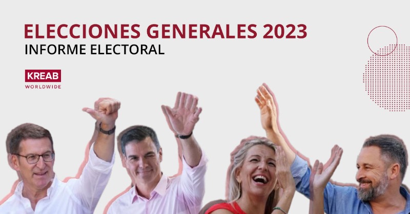 KreabEspana's tweet photo. Las #EleccionesGenerales23J nos dejan unos resultados muy ajustados y un futuro incierto. Nuestro equipo de #AsuntosPúblicos ha realizado un análisis en el que comparten las principales claves de los resultados electorales. Descarga el informe completo 👇
