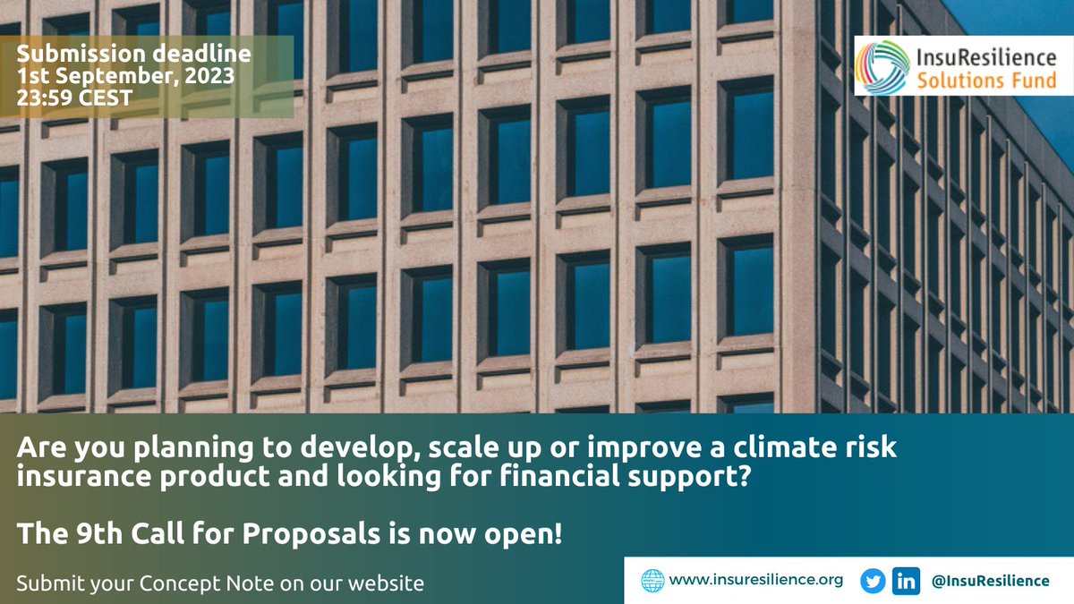 📢 9th Call for Proposals on developing, scaling or improving #climaterisk insurance products is now open! 📢 Don’t miss out on this opportunity and apply to the @ISF_Solutions, by submitting your concept note until September 1, 2023 ❗️ For more details 👉 lnkd.in/gJTy4Hc