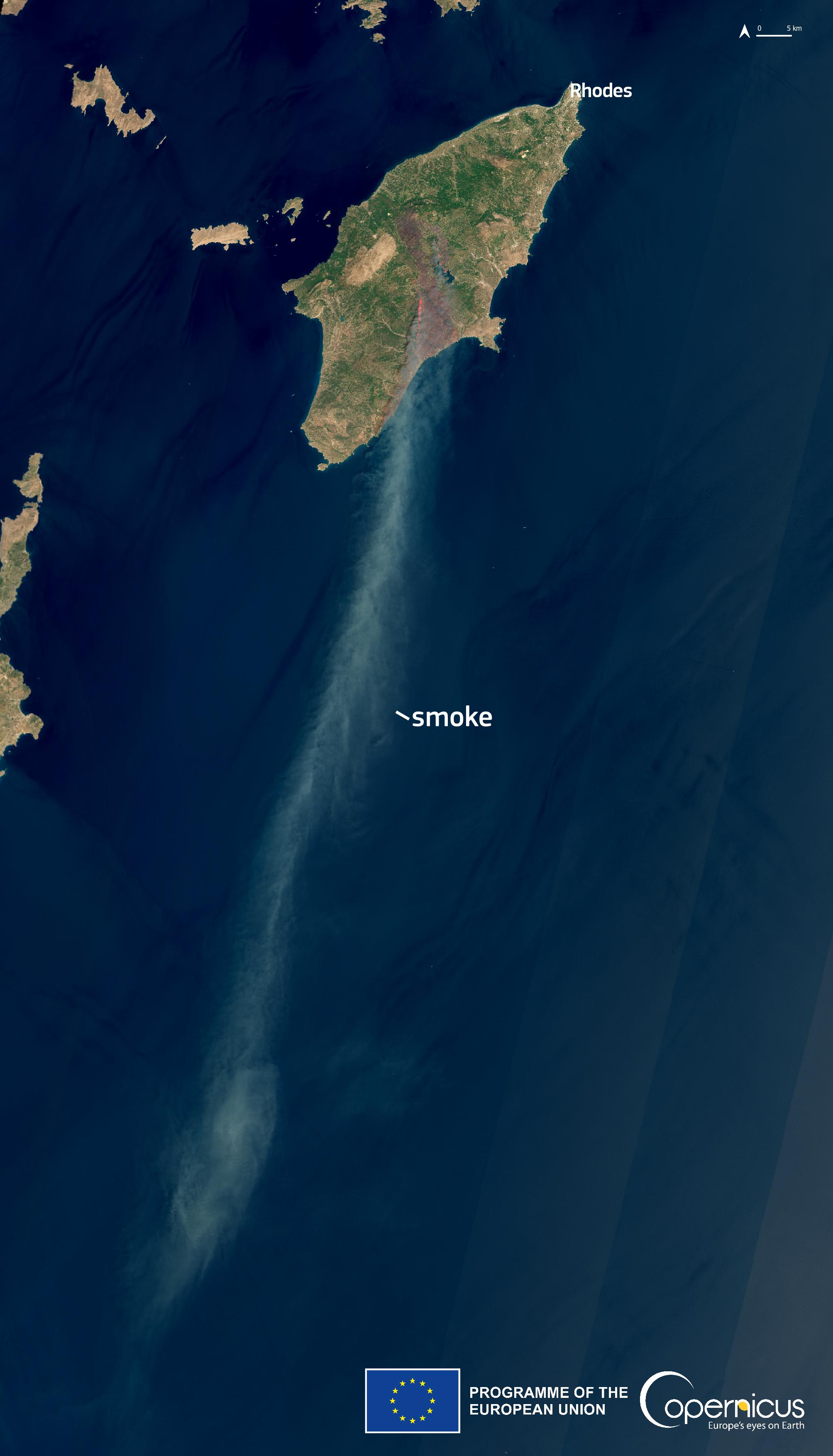 Satellite image of a wildfire in Rhodes, Greece and a smoke plume in the Mediterranean Sea